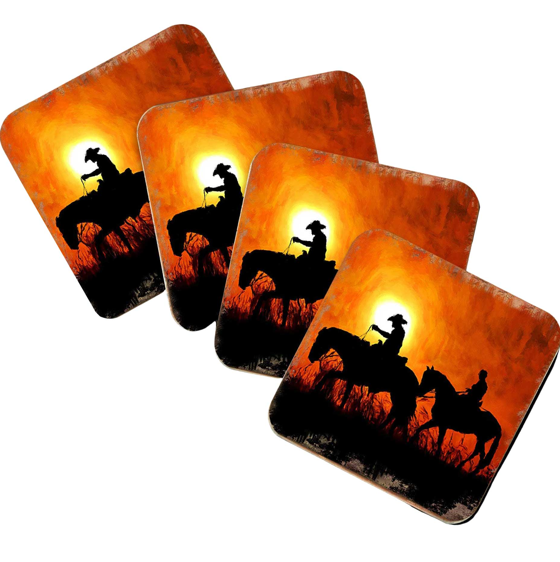 Cowboy Sunset Ride Wooden Cork Coasters Gift Set of 4 by Nature Wonders - Nature Wildlife Decor  - 95230C-S4